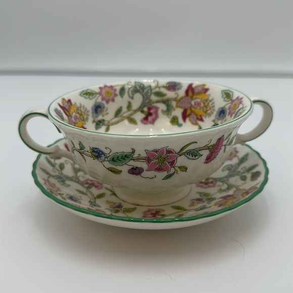 Minton Haddon Hall Chintz w Green Trim Soup Cream Bowl  with Stand - Picture 3 of 16